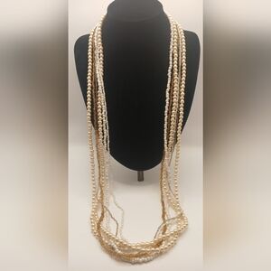 Vintage multi-strand faux pearl & seed bead necklace with gold-tone accents 18"